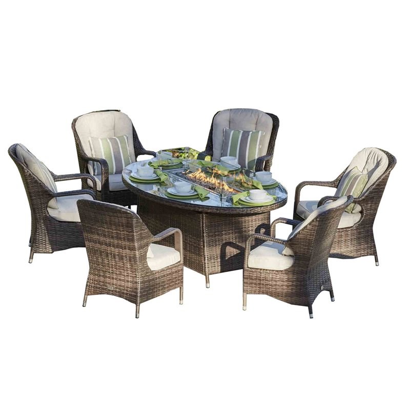 Direct Wicker 6 Seat Oval Fire Pit Dining Table with Eton Chair in Brown