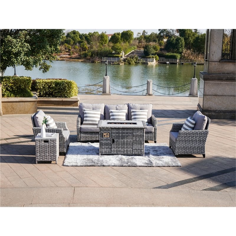 Direct Wicker 5 Pc. Gray Patio Sofa Set w/ Fire Pit Table & Gray Cushions