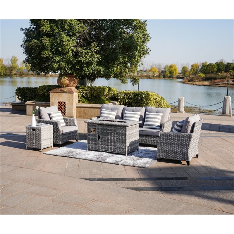 Direct Wicker 5 Pc. Gray Patio Sofa Set w/ Fire Pit Table & Gray Cushions