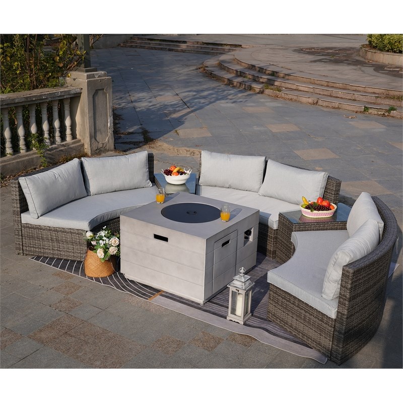 Direct Wicker 6 Pc. Gray Halfmoon Sectional Sofa Set with Square Firepit Table
