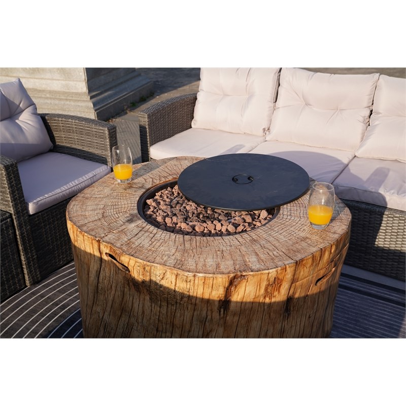 Direct Wicker Stainless Steel Round Firepit in Grain Pattern with Rain Cover