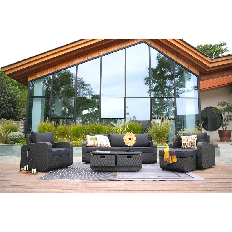 Direct Wicker 5 Pcs Patio Garden Furniture Sofa Sectional Set in Black