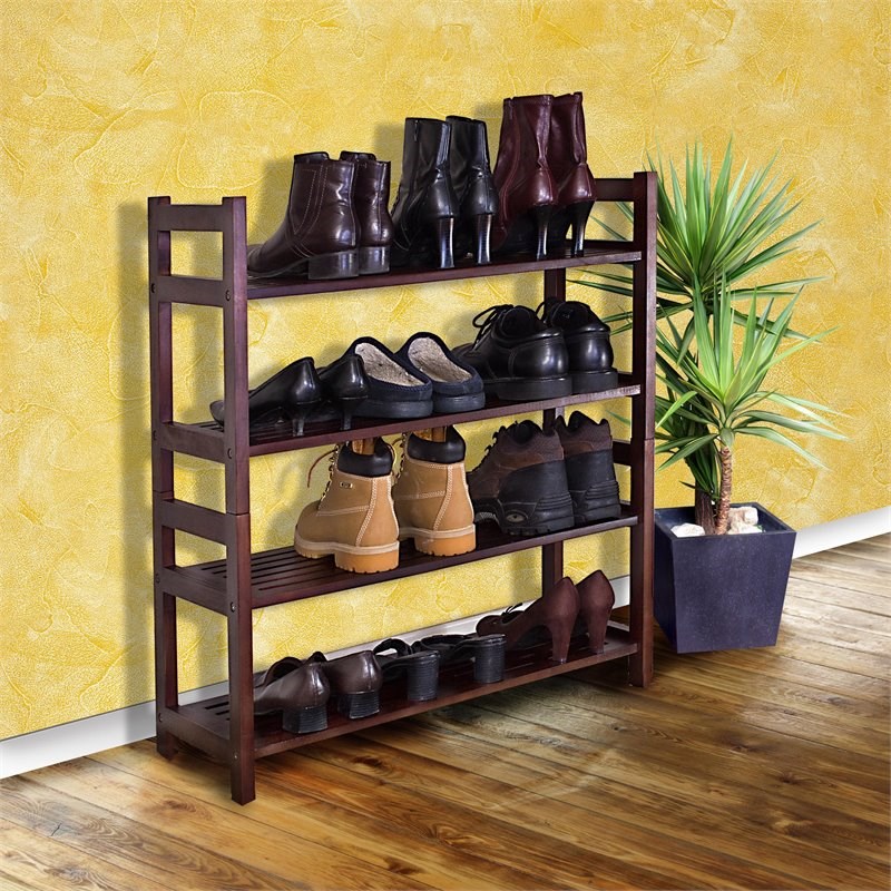 D-Art Collection Veranda 4-Tier Solid Mahogany Wood Shoe Rack in Dark Brown