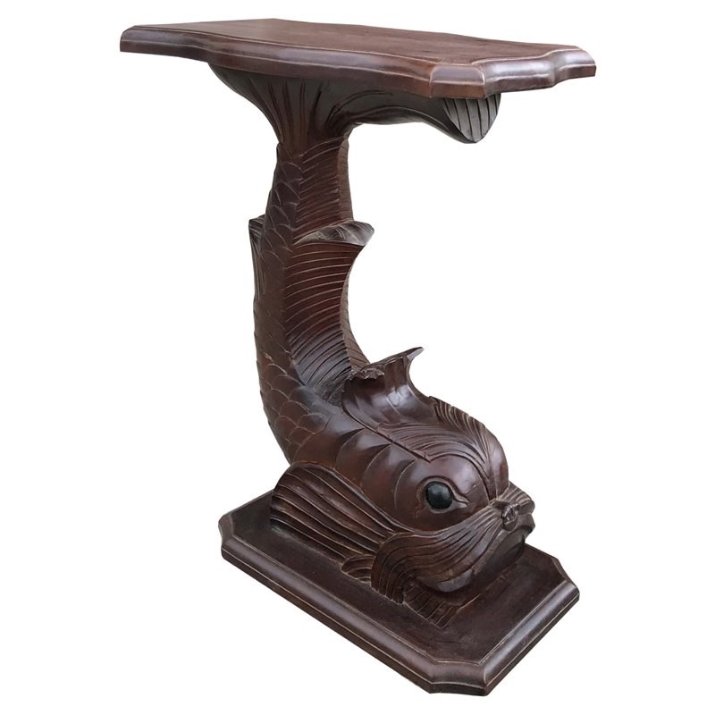D-Art Collection Traditional Solid Mahogany Wood Fish Accent Table in Brown
