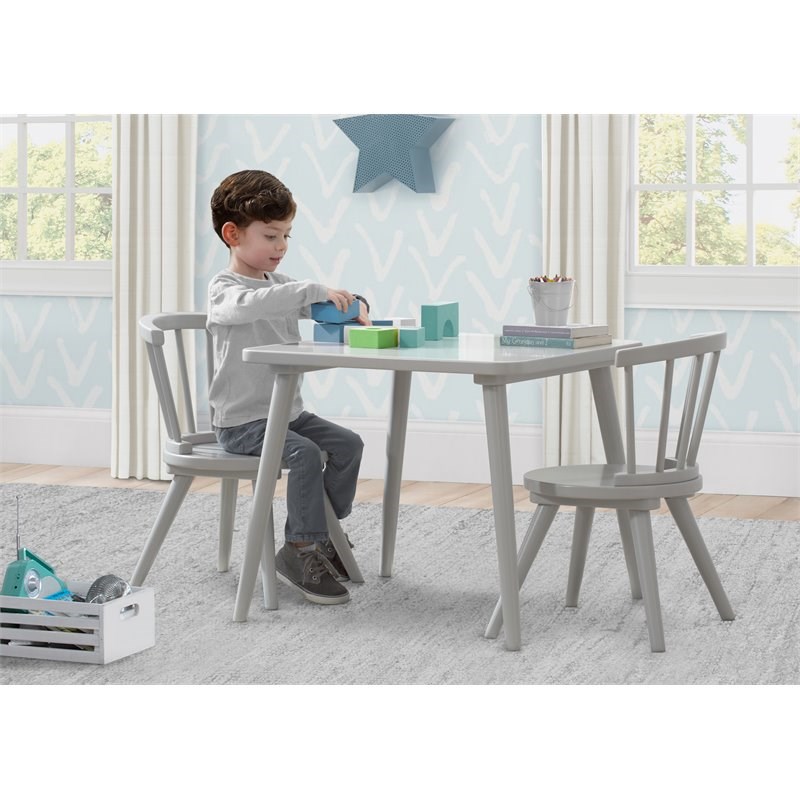 Delta Children Farmhouse Wood Windsor Table & 2 Chair Set in Gray