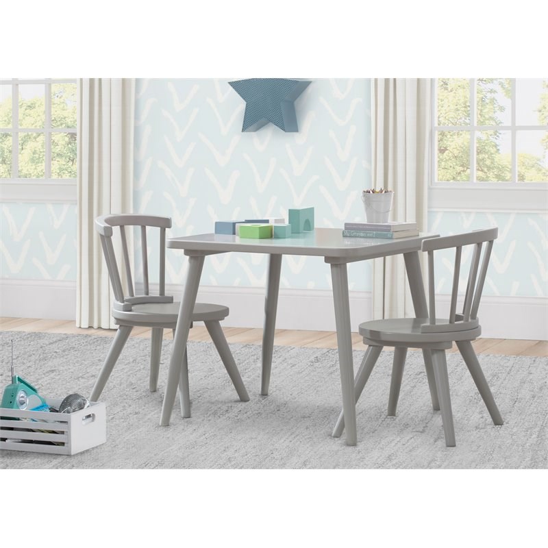 Delta Children Farmhouse Wood Windsor Table & 2 Chair Set in Gray