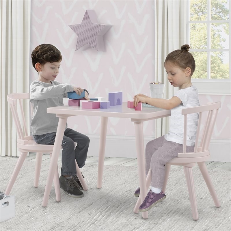 Delta Children Farmhouse Wood Windsor Table & 2 Chair Set in Pink