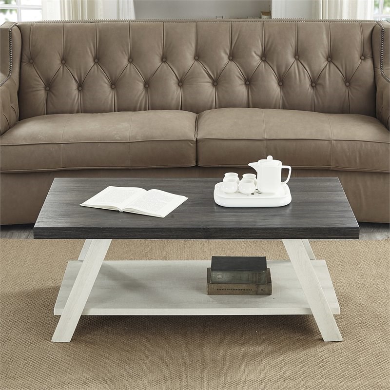Roundhill Furniture Athens Wood Coffee Table with Shelf Weathered Charcoal/Beige