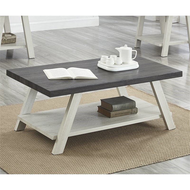 Roundhill Furniture Athens Wood Coffee Table with Shelf Weathered Charcoal/Beige