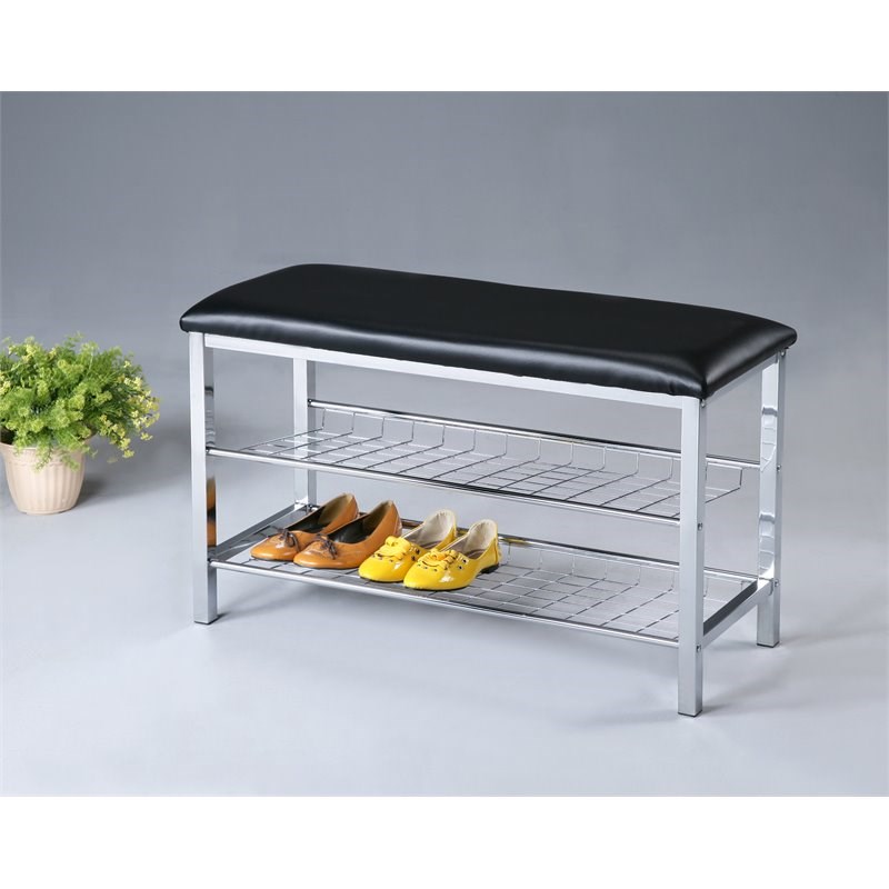Roundhill Furniture Metal Shoe Bench with Black Faux Leather Upholstered Seat
