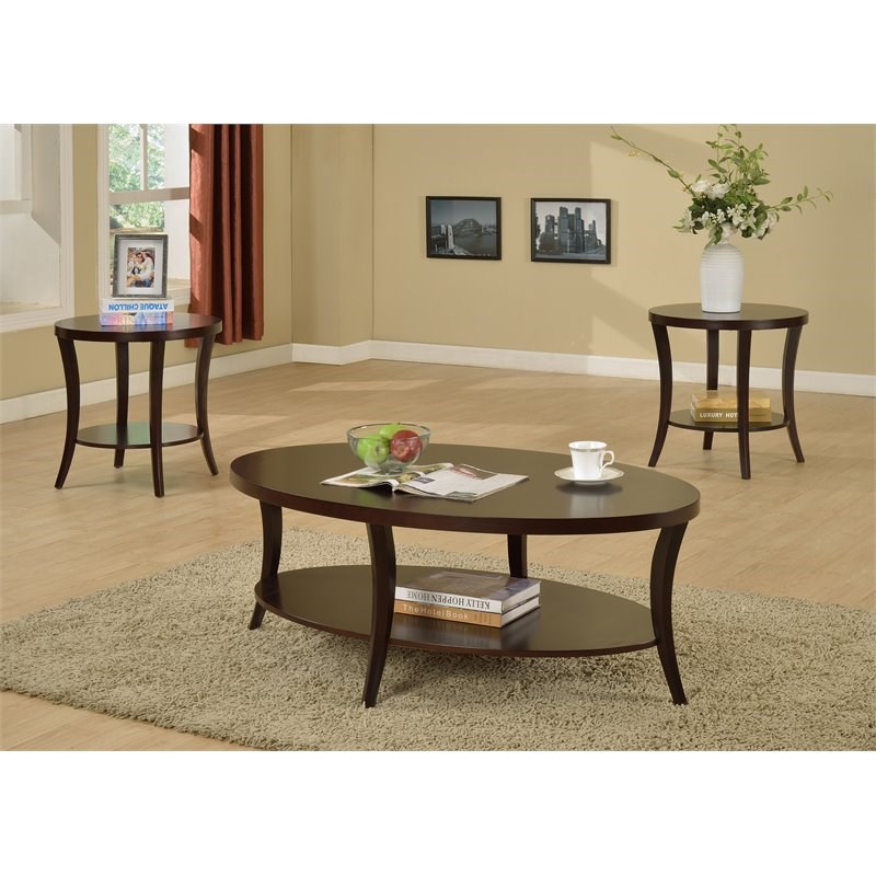 Roundhill Furniture Perth 3Pc Oval Coffee Table and End Table Set in Espresso