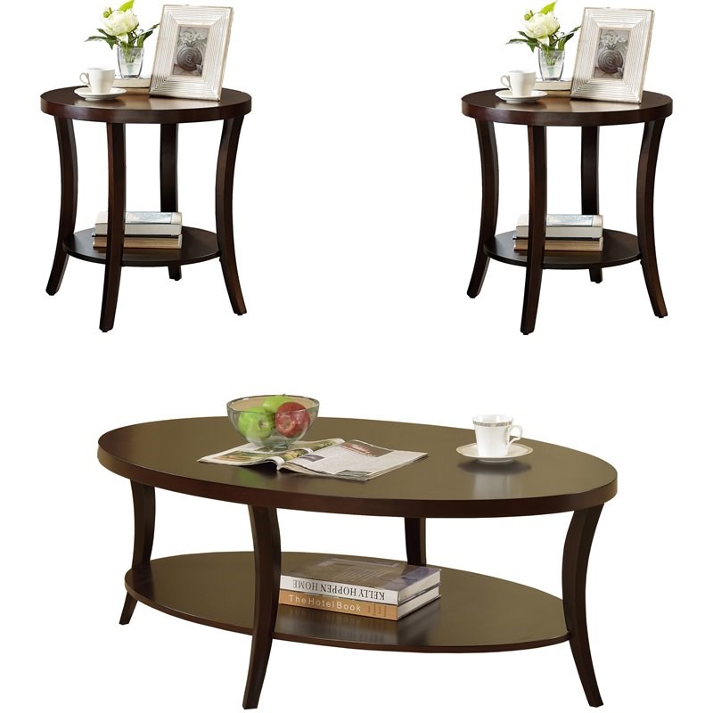 Roundhill Furniture Perth 3Pc Oval Coffee Table and End Table Set in Espresso
