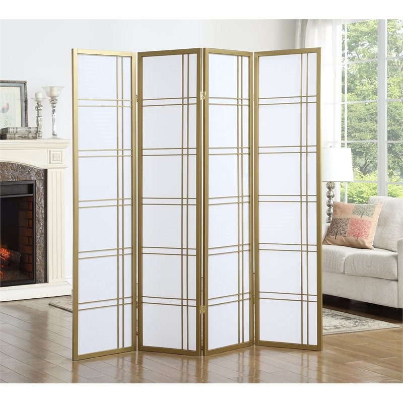 Roundhill Furniture Seto Rice Paper and Wood 4-Panel Room Divider Screen Gold