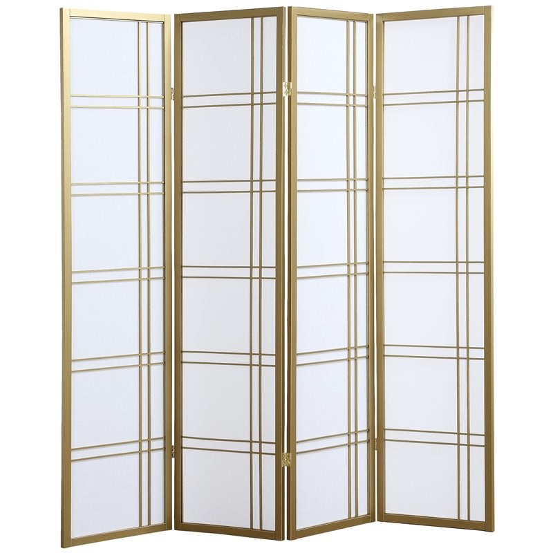 Roundhill Furniture Seto Rice Paper and Wood 4-Panel Room Divider Screen Gold