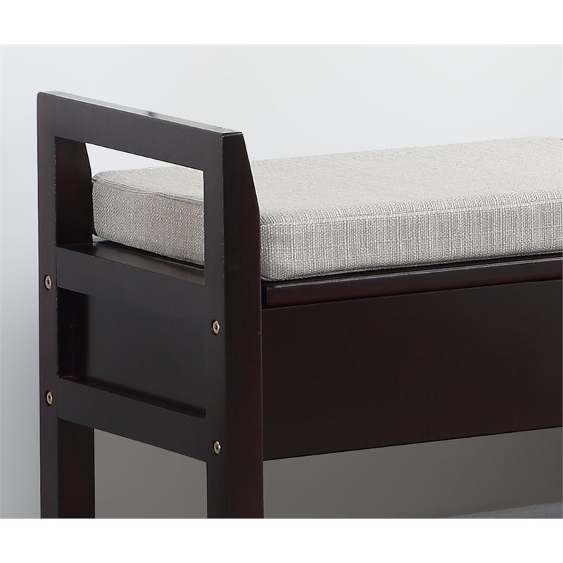 Roundhill Furniture Vannes Wood Storage Shoe Bench in Espresso/Beige Fabric