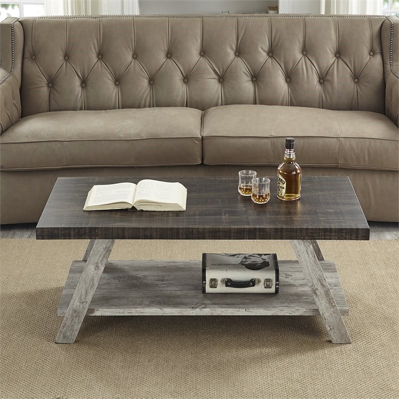 Roundhill Furniture Athens Wood Coffee Table with Shelf Weathered Walnut/Gray