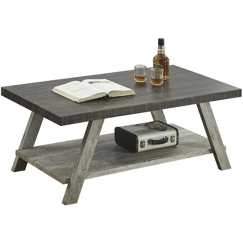 Roundhill Furniture Athens Wood Coffee Table with Shelf Weathered Walnut/Gray