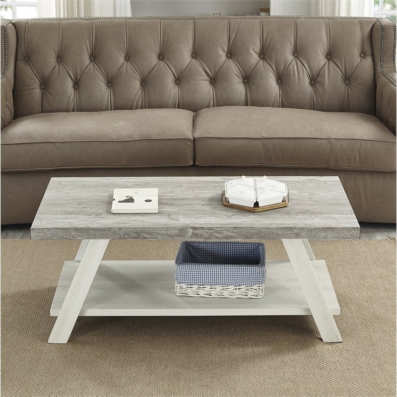 Roundhill Furniture Athens Wood Coffee Table with Shelf Weathered Gray/Beige