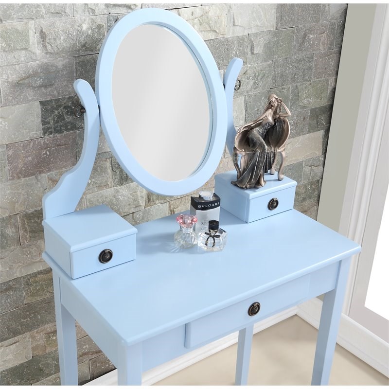Roundhill Furniture Moniys Wood Makeup Vanity Table and Stool Set in Blue