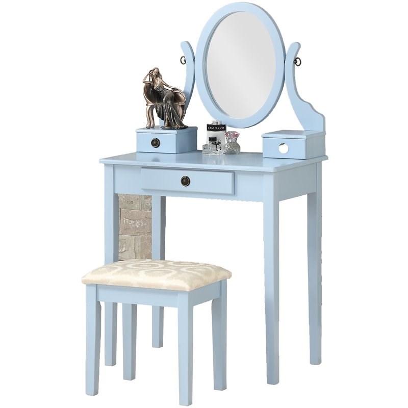 Roundhill Furniture Moniys Wood Makeup Vanity Table and Stool Set in Blue