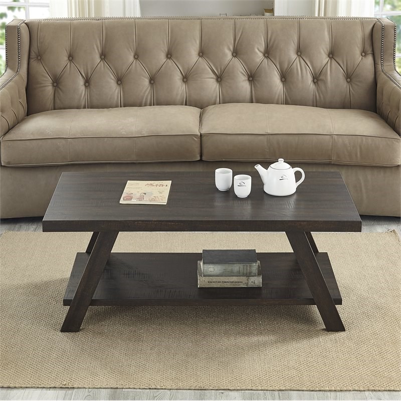Roundhill Furniture Athens Wood Coffee Table with Shelf Weathered Espresso