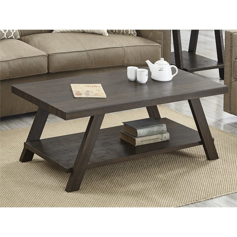 Roundhill Furniture Athens Wood Coffee Table with Shelf Weathered Espresso