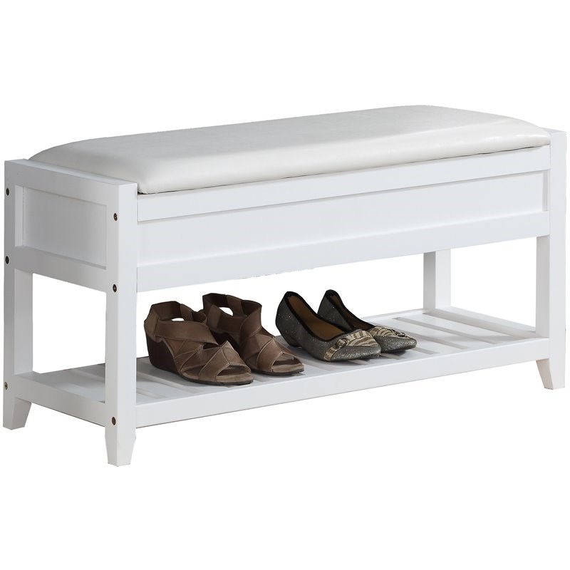 Roundhill Furniture Rouen Wood Entryway Bench with Shoe Storage in White
