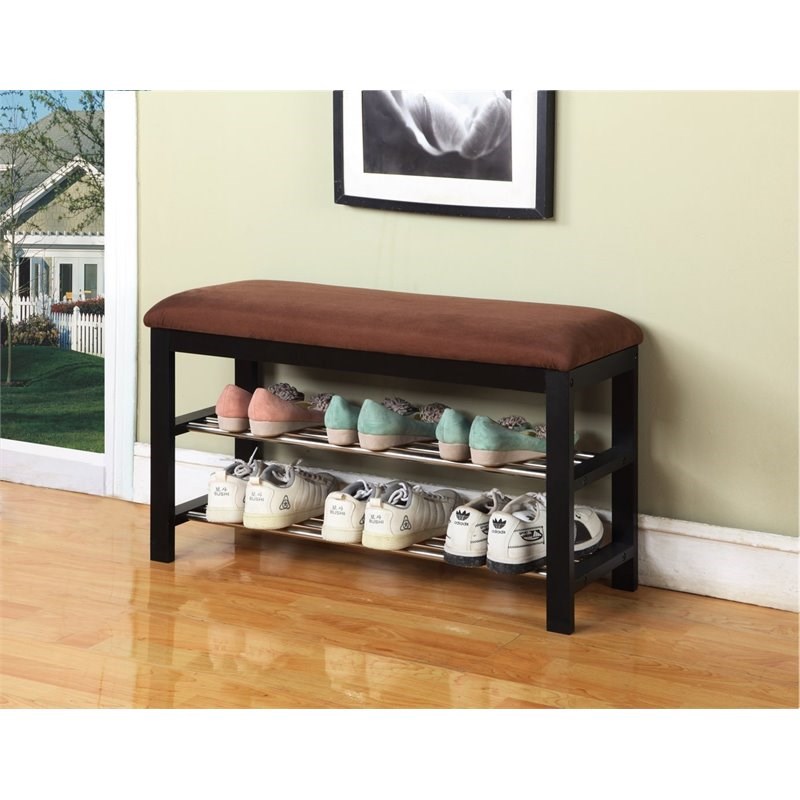Roundhill Furniture Wood Shoe Bench with Chocolate Microfiber Upholstered Seat
