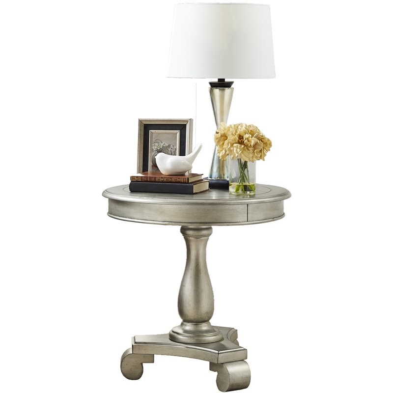 Roundhill Furniture Rene Round Wood Pedestal End Table in Champagne
