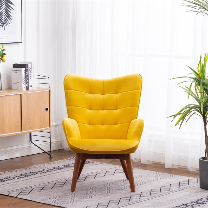 Roundhill Furniture Leiria Velvet Tufted Accent Chair with Ottoman in Yellow
