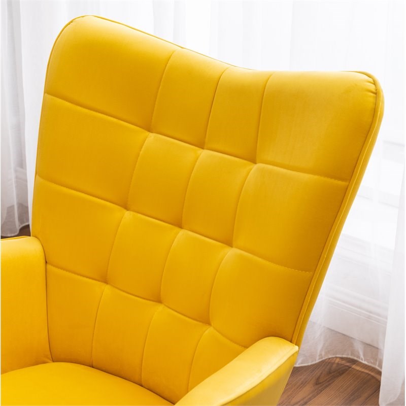 Roundhill Furniture Leiria Velvet Tufted Accent Chair with Ottoman in Yellow