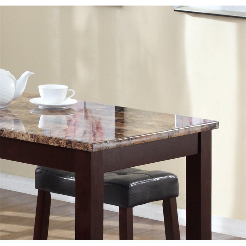Roundhill Furniture 3Pc Counter Glossy Print Marble Breakfast Table Set Espresso