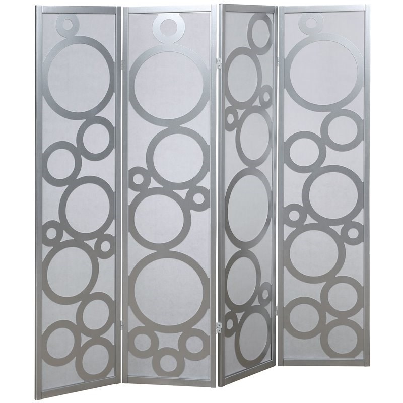 Roundhill Furniture Arvada 4-Panel Wood Room Divider w/Circle Pattern in Silver