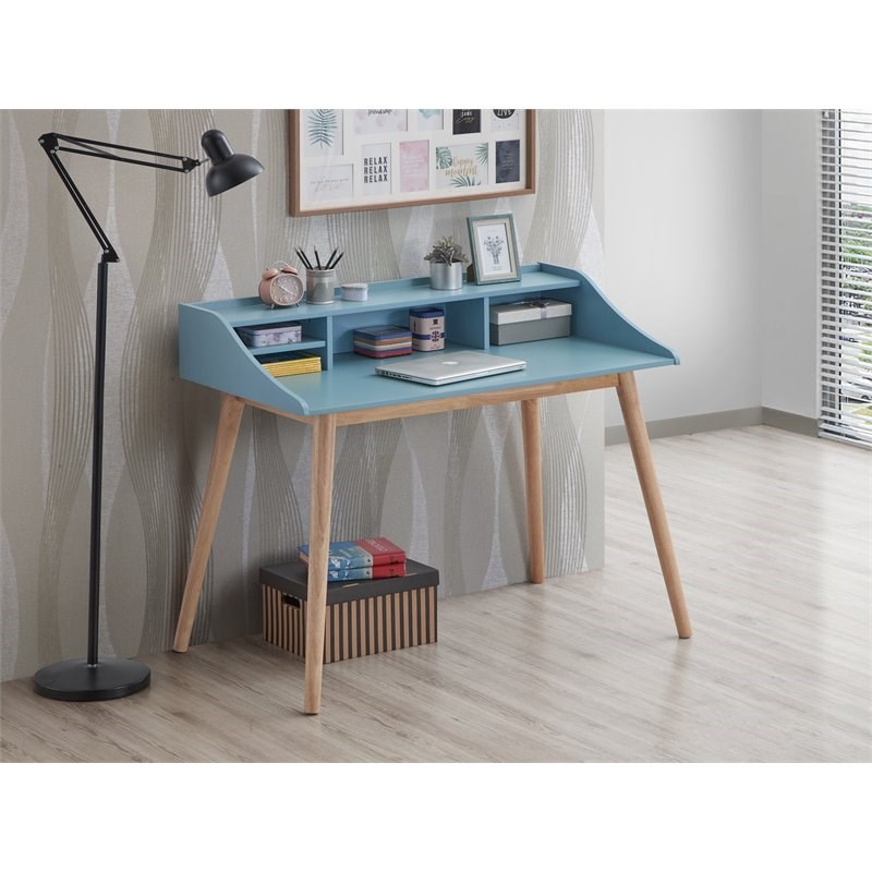 Roundhill Furniture Roskilde Solid Wood Writing Desk with Hutch in Blue