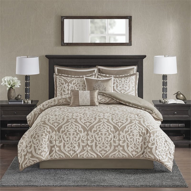 Madison Park Odette 8-Piece Polyester Jacquard Comforter Set in Tan
