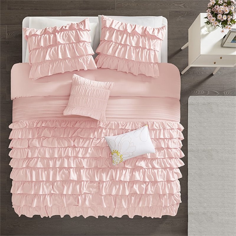 Intelligent Design Microfiber Waterfall Ruffled Comforter Set in Blush Pink