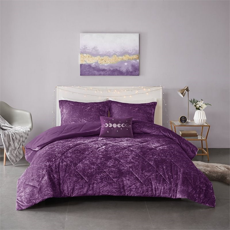 Intelligent Design Felicia Polyester Crushed Comforter Set in Purple