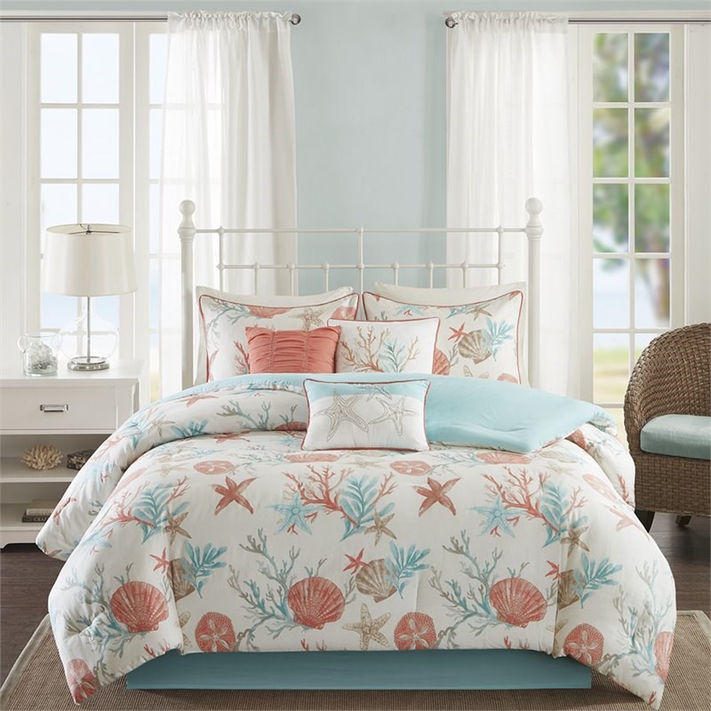 Madison Park Pebble Beach 7-piece Cotton Sateen Comforter Set in Coral Pink