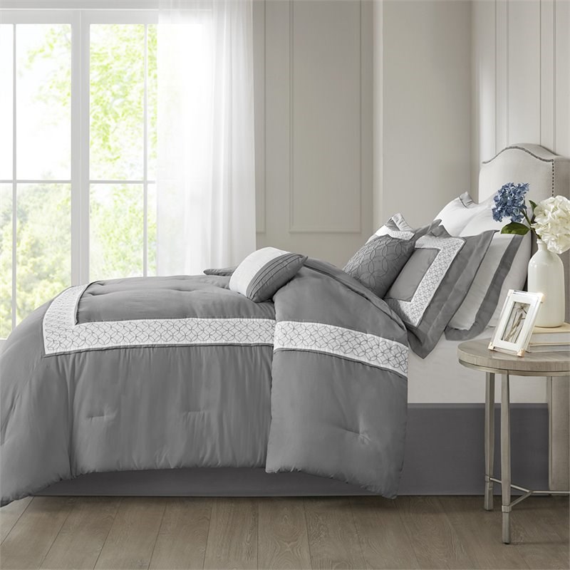 Madison Park Stratford 8-Piece Polyester Pieced Embroidered Comforter Set - Gray