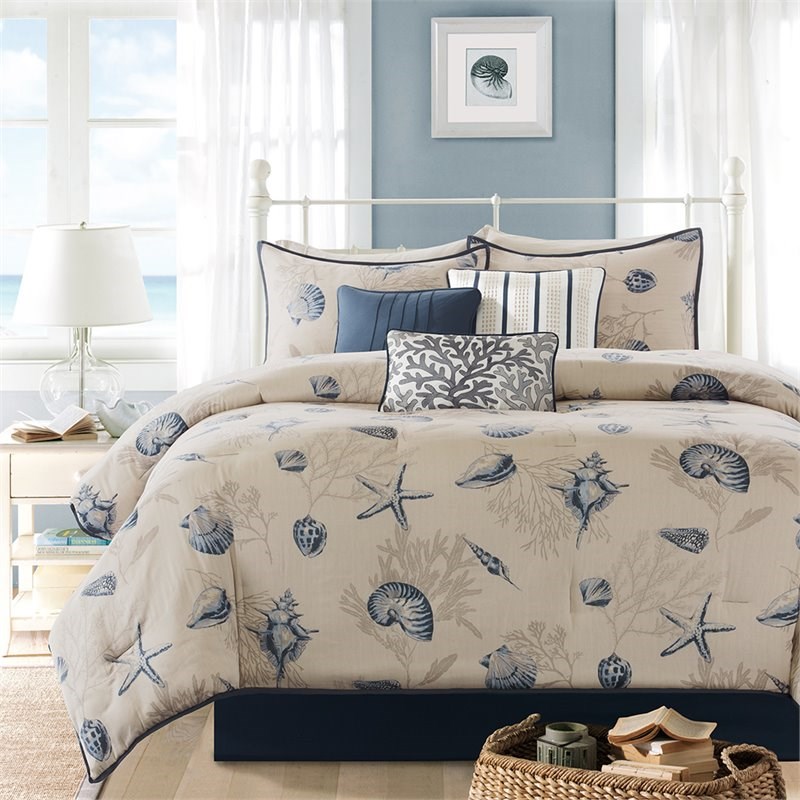 Madison Park Bayside 7-Piece 100 Percent Cotton Printed Comforter Set in Blue