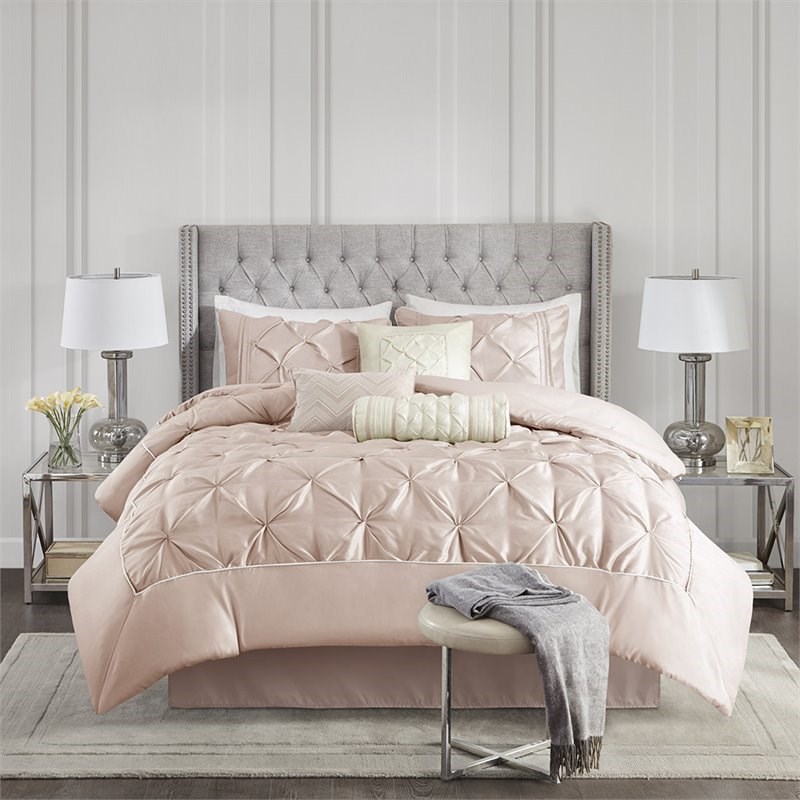 Madison Park Laurel 7-Piece Polyester Pieced Pleated Comforter Set in Pink