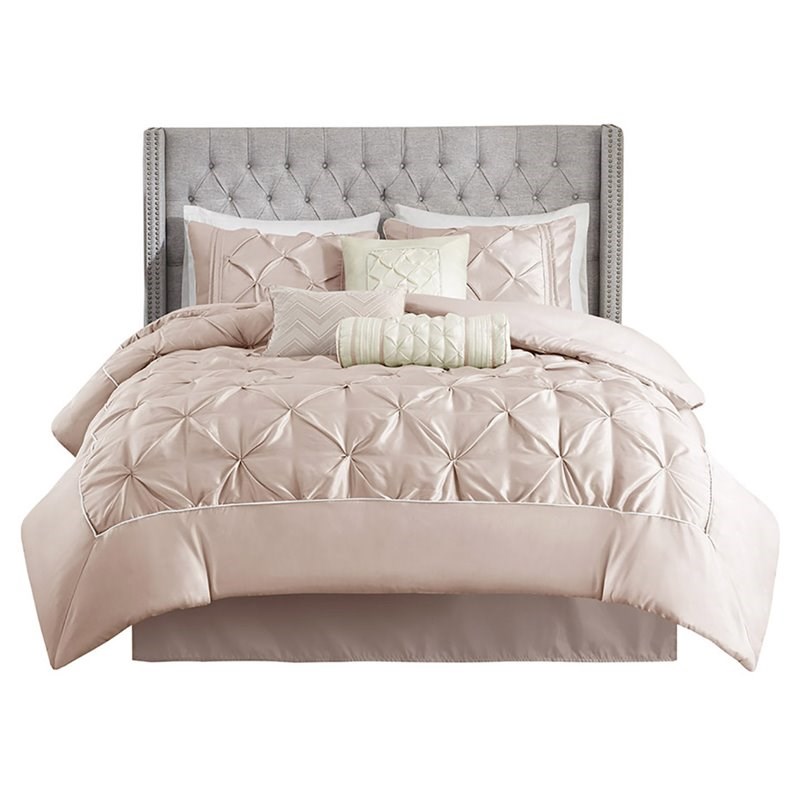 Madison Park Laurel 7-Piece Polyester Pieced Pleated Comforter Set in Pink