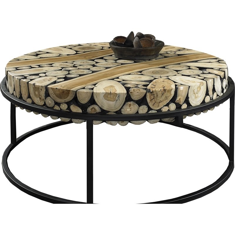 Padma's Plantation Safari Wood Round Coffee Table in Natural & Black
