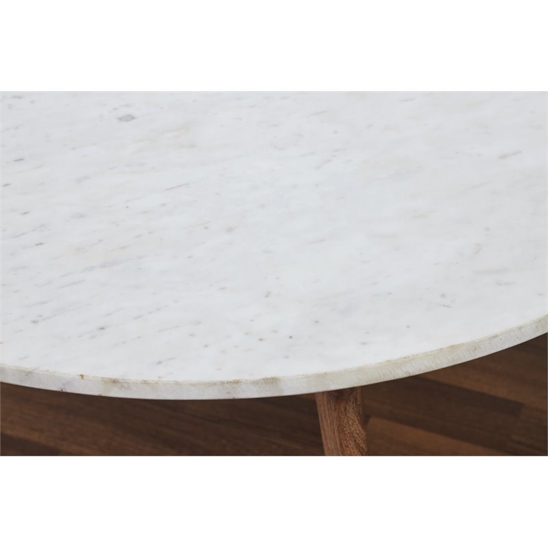 Mod-Arte Nero Round Authentic Marble Wood Coffee Table in White/Walnut
