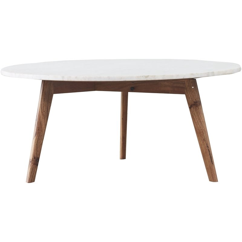 Mod-Arte Nero Round Authentic Marble Wood Coffee Table in White/Walnut