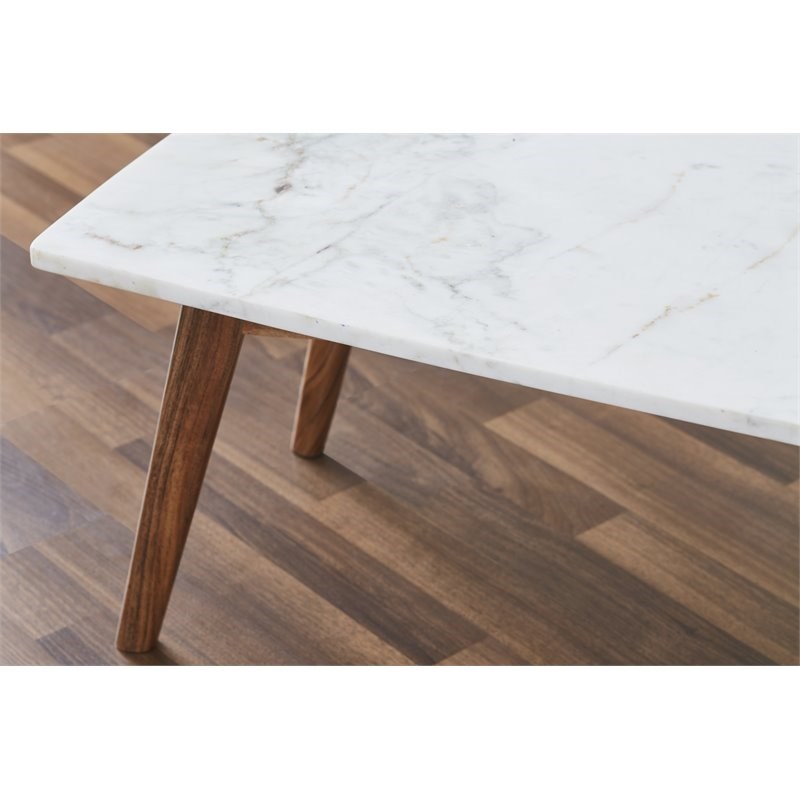Mod-Arte Nero Rectangle Authentic Marble Wood Coffee Table in White/Walnut