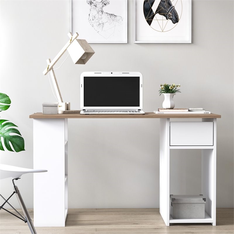 Mod-Arte Arma MDF and Engineered Wood Office Desk with Storage in White/Walnut