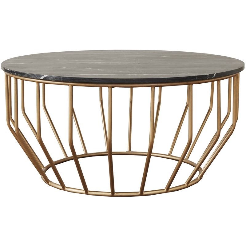 Mod-Arte Modern Iron Metal Coffee Table with Marble Top in Black/Gold Leaf