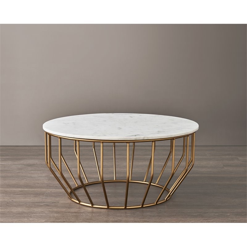 Mod-Arte Modern Iron Metal Coffee Table with Marble Top in White/Gold Leaf