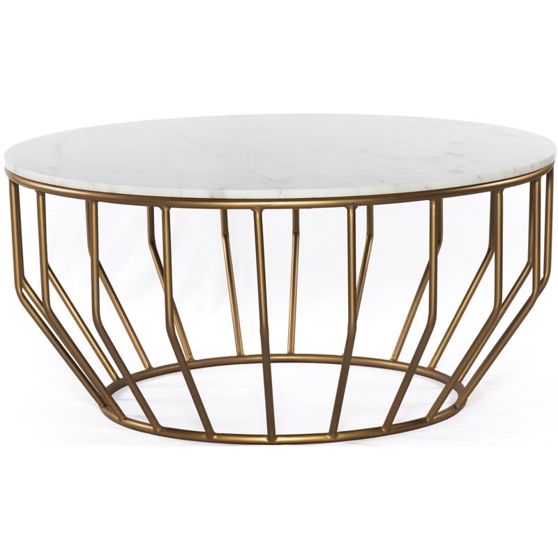 Mod-Arte Modern Iron Metal Coffee Table with Marble Top in White/Gold Leaf